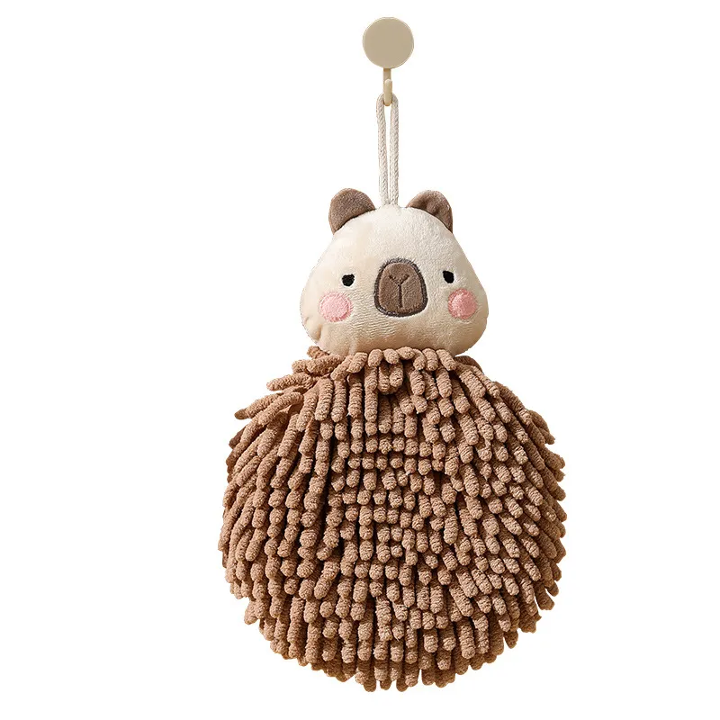 Capybara Cartoon Chenille Hanging Hand Towel for Kids – Extra Thick Absorbent Kitchen Washcloth, Super Soft Fluffy Drying Cloth with Loop, Cute Animal Shaped Towel for Home Use
